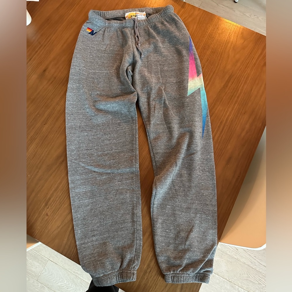 Aviator Nation Grey sweatpants with rainbow lightning bolt - size medium.